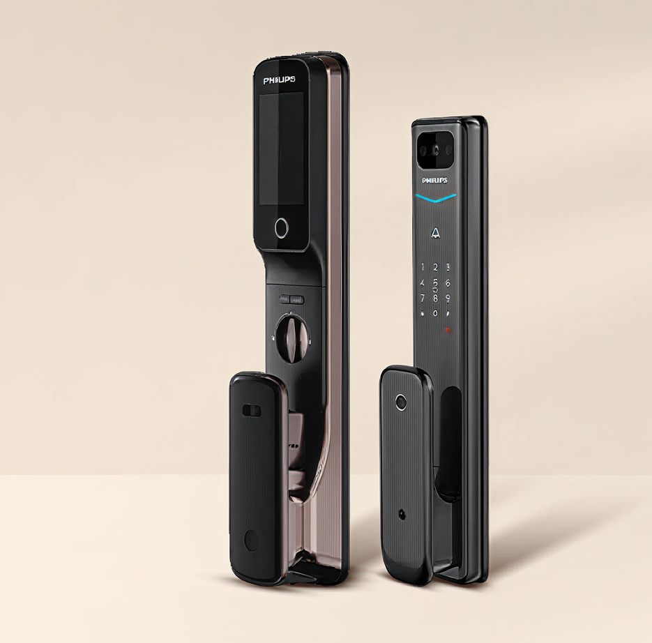 Two smart locks, one with a screen and keypad, and another with a camera.